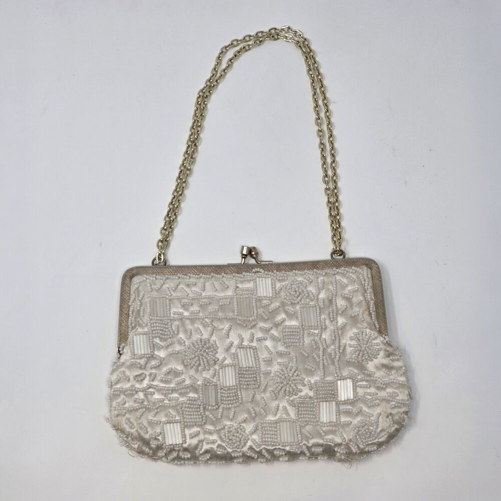 Vintage La Regale Beaded Evening Purse‎ Ivory Satin Kiss Lock Hong Kong Wedding